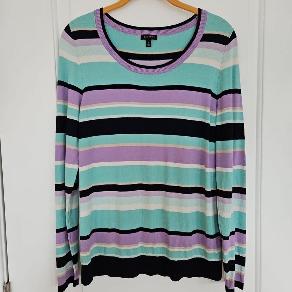 Talbots Sweater Womens Medium Striped Aqua purple Crewneck Lightweight Spring